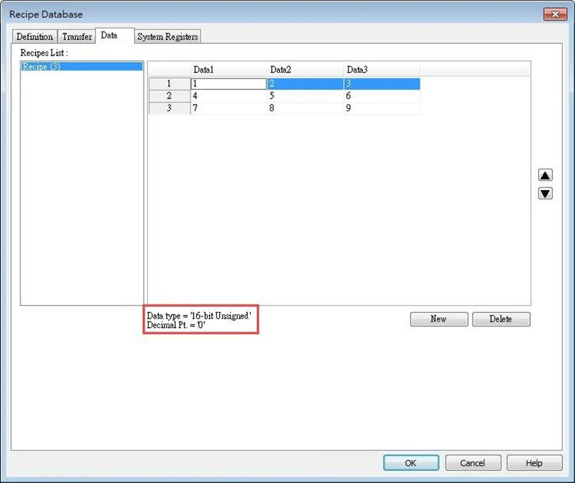 Data tab, EBPro Recipe Database, with data selected Data tab of Recipe Database with a record selected. Note the datatype of the record is shown below (highlighted in this screenshot with a red box)