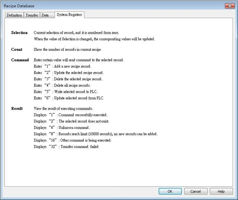 System Registers tab, EBPro Recipe Database EBPro Recipe Database, System registers tab. This tab lists the related control addresses for the database as well as their descriptions.