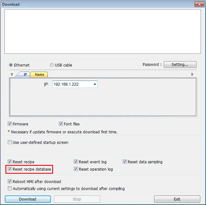 EBPro Download window with reset recipe database checked EBPro Download Window, with the "reset recipe database" option checked.