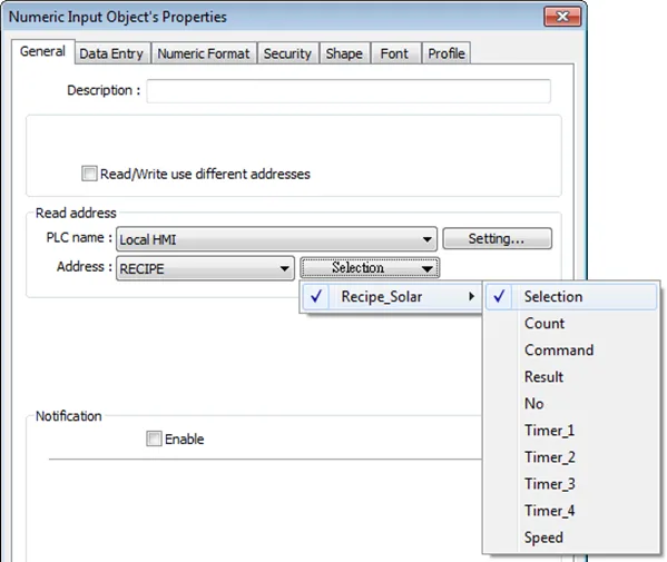 Referencing a recipe record via a Numeric Object EBPro Numeric Object with the read address referencing a specific portion of the recipe record.