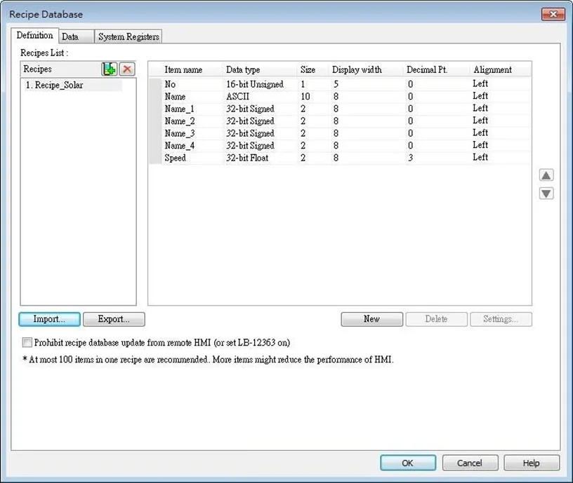 Database example 1 Creating the recipe for example 1 by adding these elements