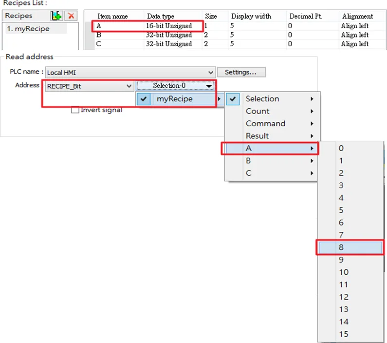 select [RECIPE_Bit] for the read address of Bit object and point to the target item, and then the available Bit selections will be displayed. In this manner, Recipe Database can be used to record, read, and write bit data.