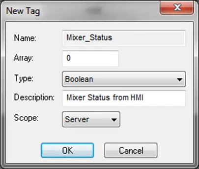Mixer status tag parameters Mixer Status Tag being created. Define the parameters of the tag and then click OK.