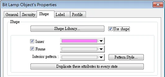Shape tab of EBPro Bit Lamp object Shape tab of an EBPro object properties window (Bit Lamp, in this case) showing the "pattern style" button