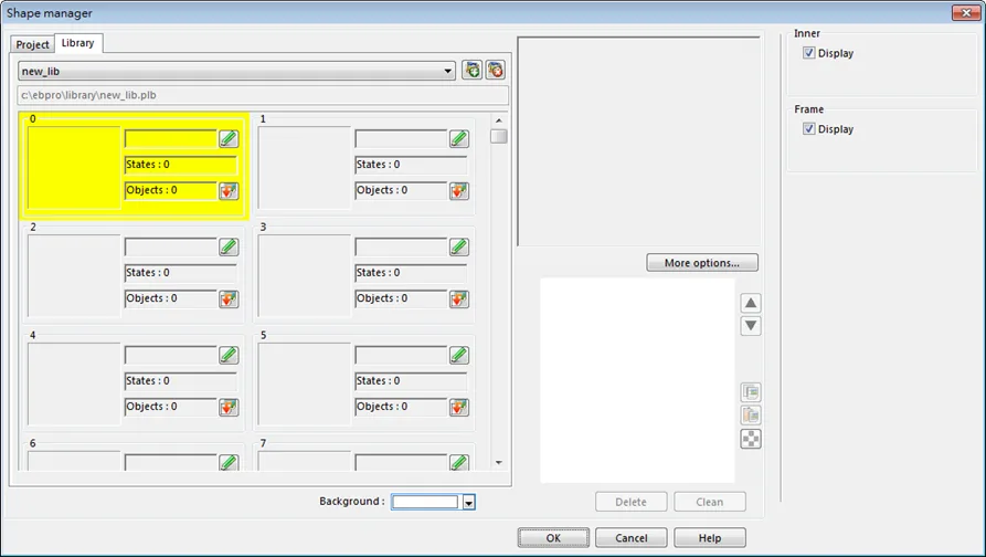New Shape Library EBPro EBPro Shape Library, new empty library (new_lib) created