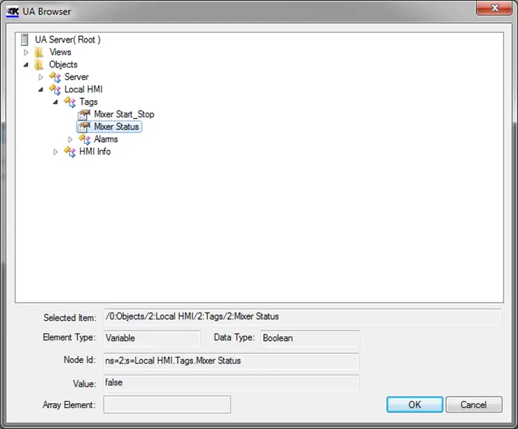 UA Browser with mixer status tag selected UA Browser dialog, with the newly created Mixer status tag selected.