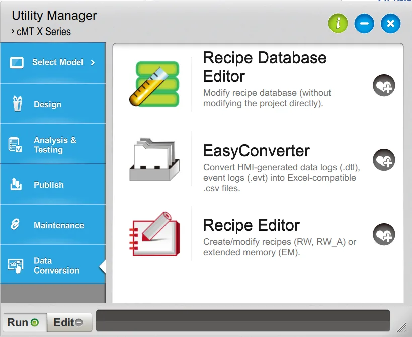 Utility Manager, Recipe Database Editor shown Utility Manager main menu, with the "Data Conversion" tab opened and Recipe Database Editor shown.