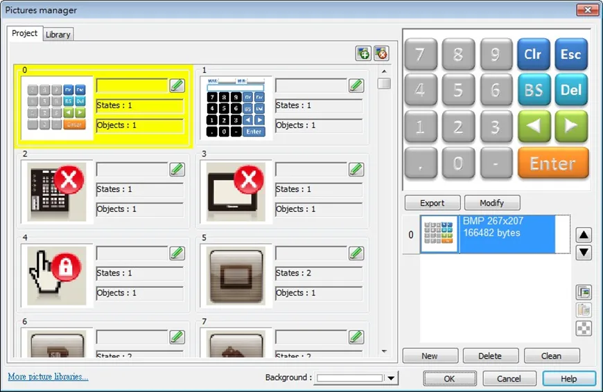 EBPro Picture Manager dialog box, showing the current pictures that are part of the project.