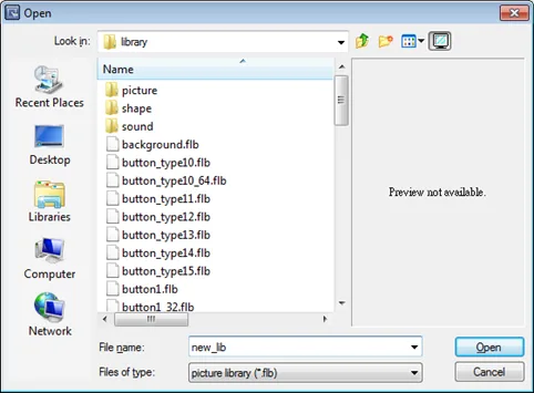 EBPro Default Picture Library Folder Windows "Open" dialog box showing EBPro default picture and shape library folder