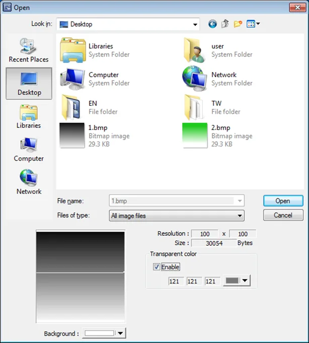 EBPro Open dialog box with an example image shown. Option to enable transparency and background below the selected image