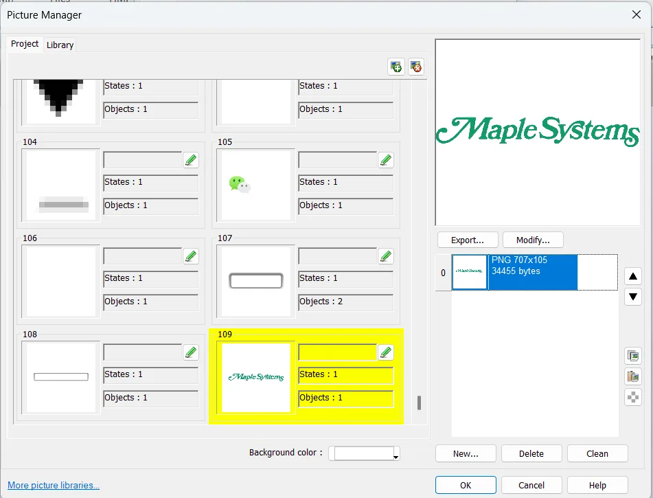 Viewing the Maple Systems logo in the Project tab of EBPro Picture Manager after being pasted.
