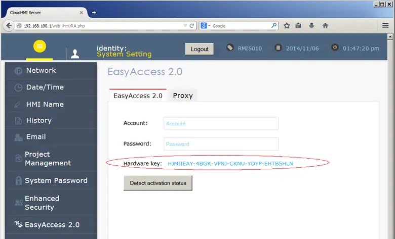 EasyAccess 2.0 page, with the Hardware Key of our cMT unit highlighted.