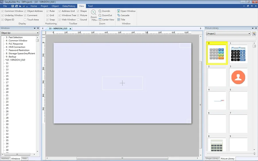 Main EBPro window (Editing Window) EBPro Editing window showing the picture / shape library in a separate embedded window to the right