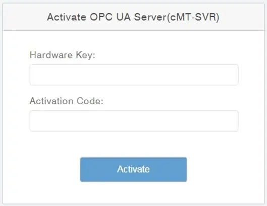 OPC UA Server Activation popup window. This is where you will enter both the cMT Hardware Key as well as the Activation Code you received from Maple Systems.