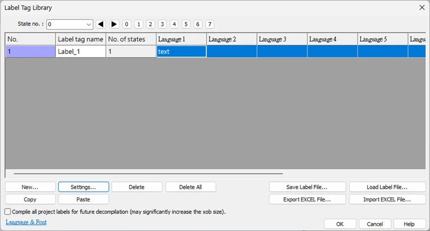 EBPro Label Tag Library EBPro Label Tag Library with one label tag populated, language 1 seelected