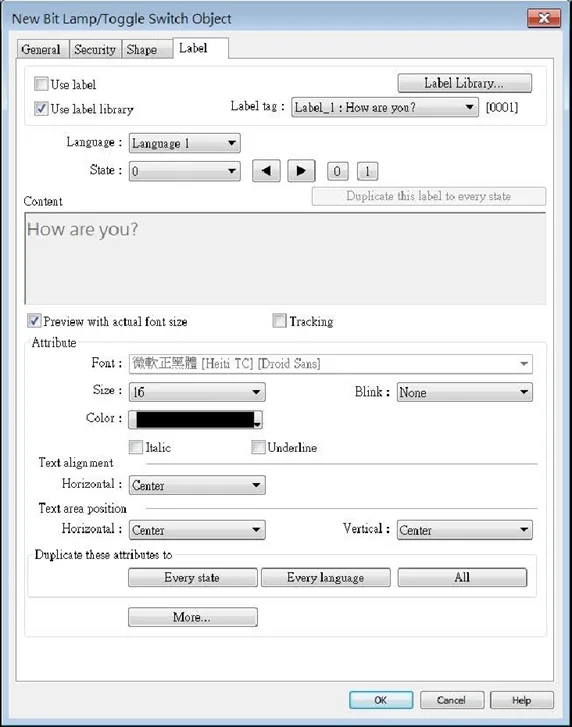 EBPro Bit Lamp/Toggle Switch Label Tab Screenshot of the Label tab of a new Bit Lamp/Toggle Switch object, showing the "use label library" checked, which disables editing of the font and content of the object. Editing of font is done within the Label Tag Library.