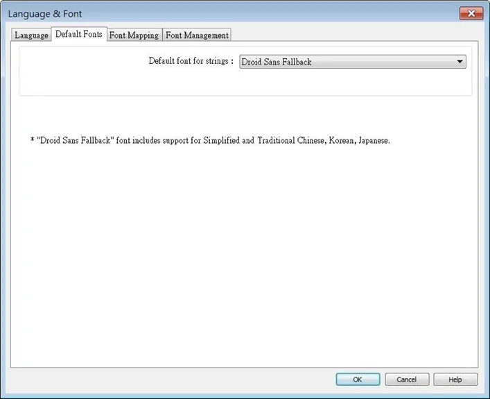 Default Fonts tab: Language and Fonts window Language and Font window, Default Fonts tab