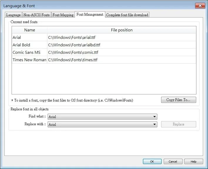 EBPro Font Management: Language and Font dialog window Font Management tab of the EBPro Language and Font Dialog