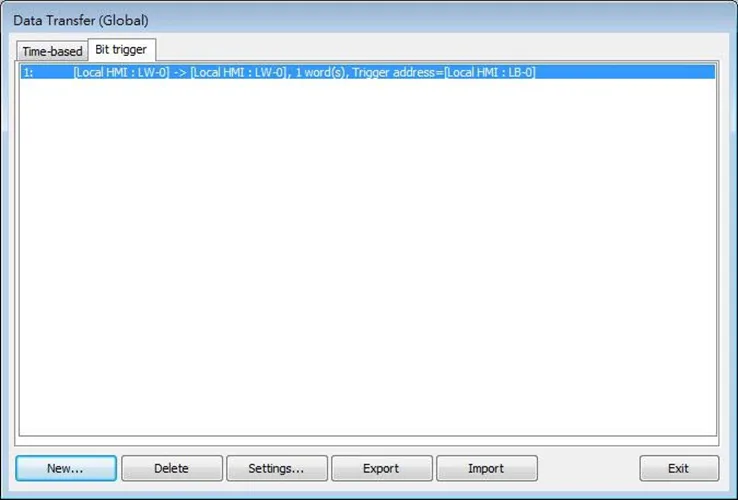 EBPro Global Data Transfer (bit trigger) EBPro Global Data Transfer Object, Bit-Trigger tab. The Bit-Trigger mode means the data transfer will occur when the status of a bit meets the specified criteria.