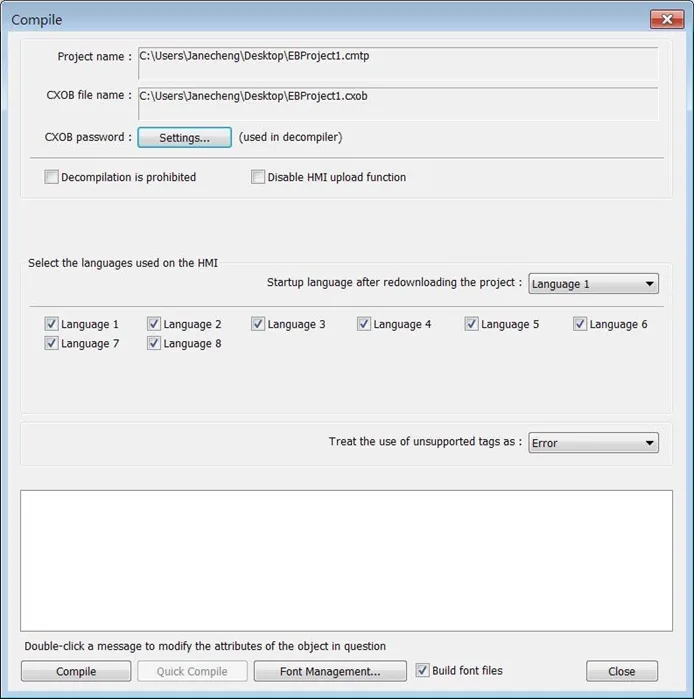 Compile with languages EBPro Compile Window, with languages seleced