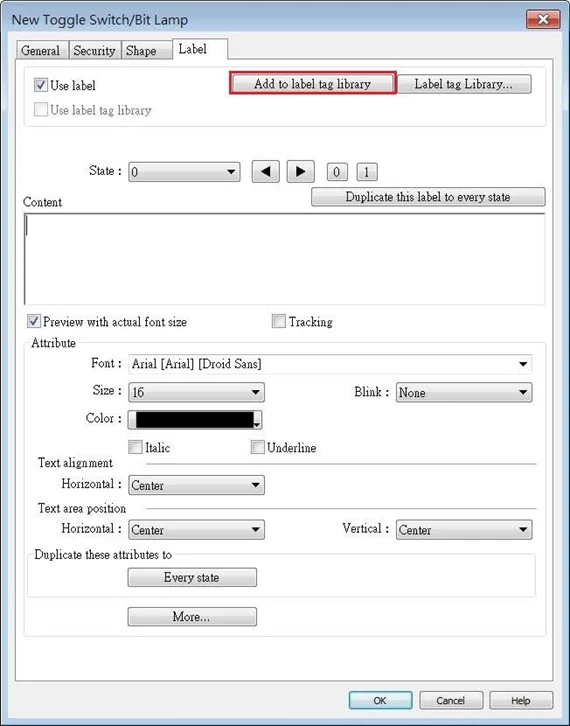 Label Tab of EBPro object shown EBPro Toggle Switch/Bit Lamp object Label tab with the "add to label tag library" button highlighted