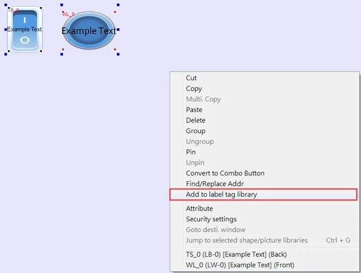 EBPro Project Edit Window EBPro Project Editing Window showing two object selected and a popup menu when right-clicking after selecting the objects. The "add to label tag library" option is highlighted.