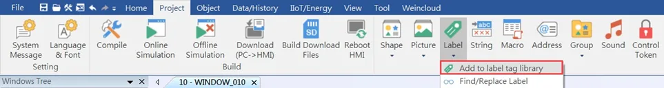 EBPro Project toolbar Screenshot of the EBPro main toolbar, with the Project---Label---Add to label tag library menu selection path shown