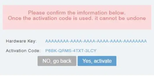 OPC UA Activation Confirmation screen. Once confirmed, the activation cannot be undone.