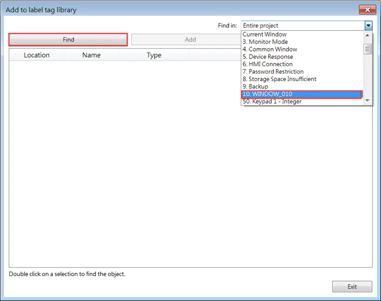 EBPro "Add To Label tag library" window Select the window containing the objects you want to add to the label tag library in the "find in" section of the "add to label tag library" window