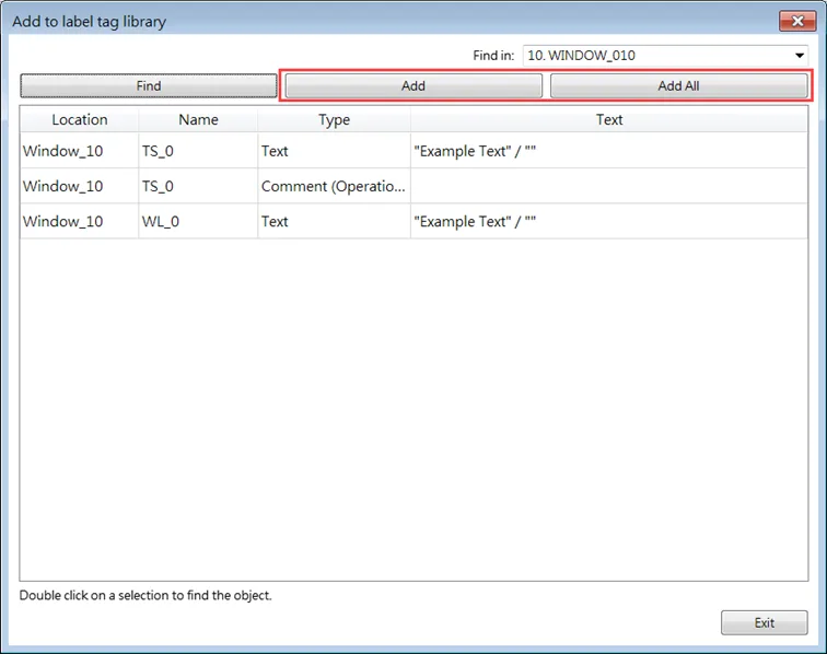 Add buttons in EBPro's "Add To Label Tag Library" Dialog EBPro's "Add to Label Tag Library" window showing the objects in the selected "find in..." window, with an Add and Add All buttons highlighted.