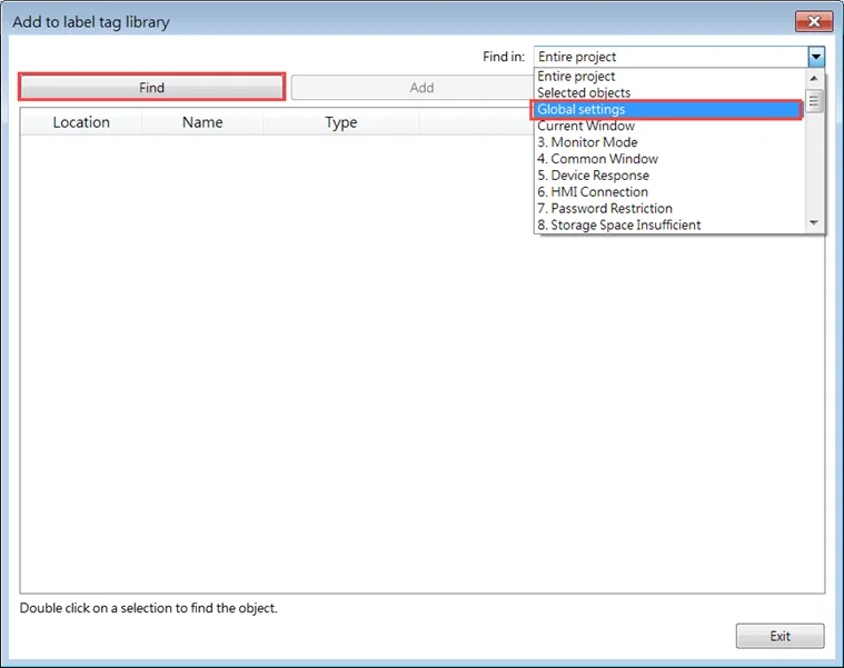 Label tag Library Find EBPro Add to Label Tag Library dialog with the "Find" button highlighted and "Global Settings" search dropdown selected