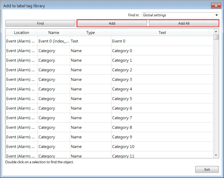 Global settings of text Available text for addition from the Global Settings of the EBPro Add to label tag library