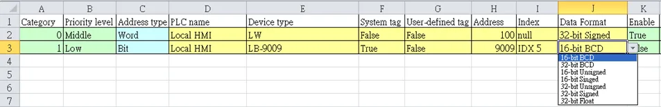 EBPro Excel Event Log Editing Screenshot of an Excel spreadsheet containing an EBPro Event Log file for editing.