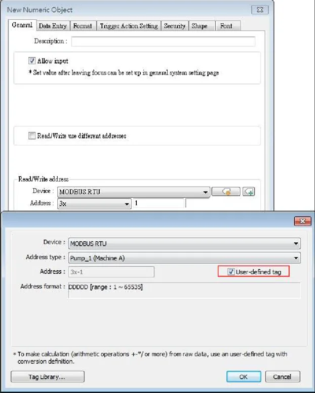 New Numeric Object in EBPro, showing the "user defined tag" check box checked.
