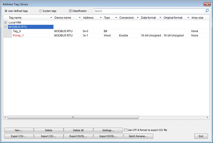 If a tag is used in the project, its font will be red in the library