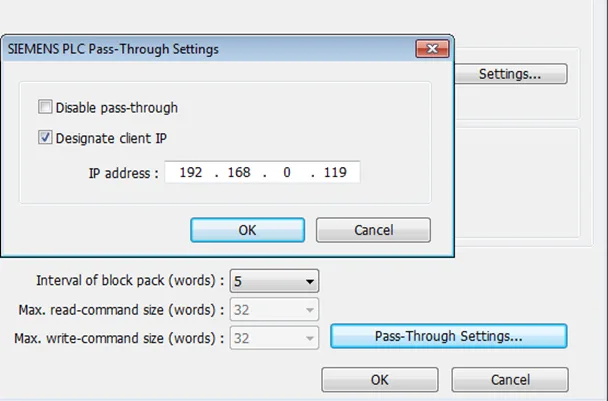 Siemens PLC Pass-Through Settings  window.  This window pops up when clicking the "Pass-Through Settings" button in the S7-200 or S7-300 MPI device in EBPro System Parameters menu, Device List.