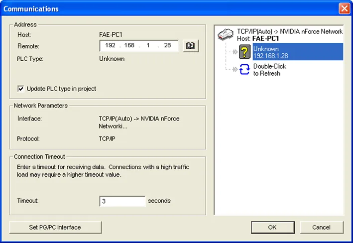 Siemens STEP 7 communications dialog box, showing the IP address of the powered-on HMI as 192.168.1.28.  