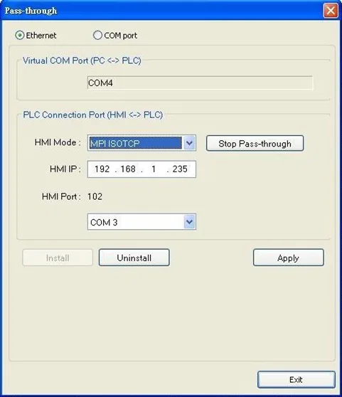 EBPro Pass-Through window, MPI ISOTCP setting to install virtual serial port driver.