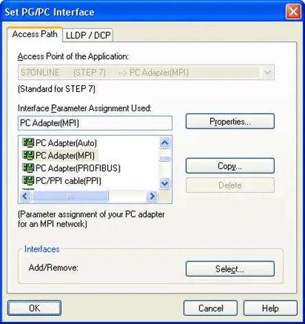 STEP 7 Set PG/PG interface window. Configurating the COM port and interface