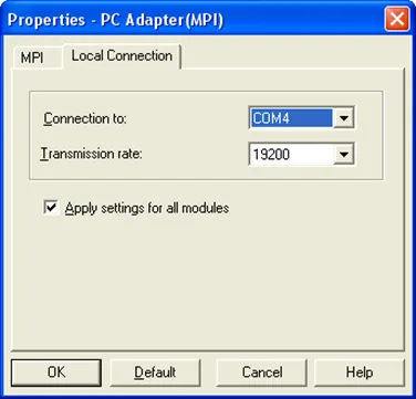 STEP 7 MPI Adapter interface window. Configurating the COM port here