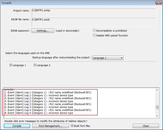 EBPro Compile Alarm Errors EBPro Compile window, with event (alarm) log errors showing. Double-click on the error to open the Event Alarm Log and view / correct the error