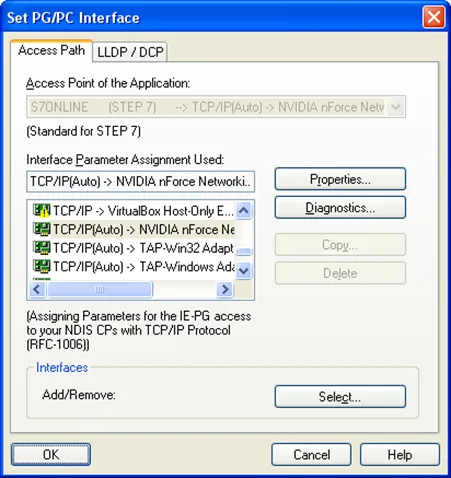 STEP 7 Set PG/PG interface window. Configurating the TCP/IP Setting