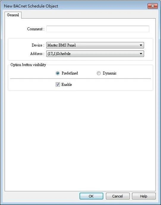 EBPro New BACnet Schedule Object. The general tab allows for device and address configuration of the BACnet Scheduler Object.