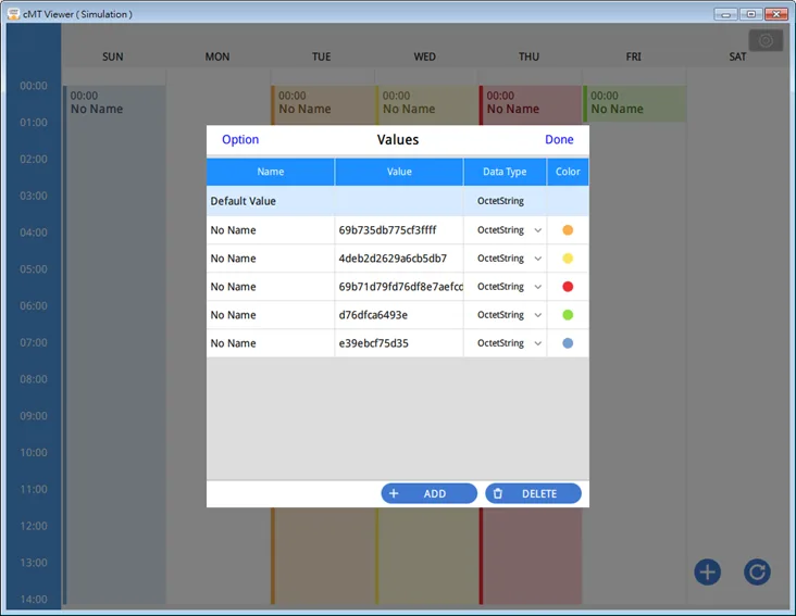 Click the settings button and then select Value Editor to configure the Values table containing these columns: Name, Value, Data Type, and Color