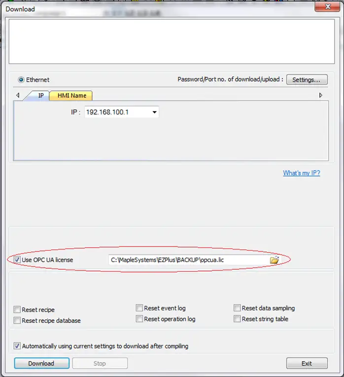 EasyBuilder Pro Download window, showing the OPC UA License box checked, and the file path to the downloaded license shown.