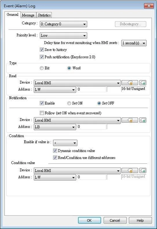 EBPro Event alarm log general EBPro Event (Alarm) Log Dialog, General tab, showing the configurable properties of the individual alarm.