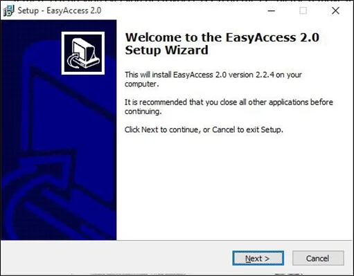 EasyAccess 2.0 Setup Wizard.  Once the EasyAccess 2.0 installation file is downloaded from the Maple Systems website, double-click the installation application and the Setup Wizard will begin the EA2.0 installation process.