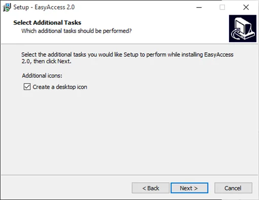 You can instruct the Setup Wizard to create a desktop shortcut for the EasyAccess 2.0 program, or not.