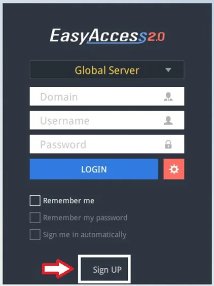 Sign Up button at bottom of EasyAccess 2.0 application screen EasyAccess 2.0 Application login screen has a Sign UP button located at the bottom