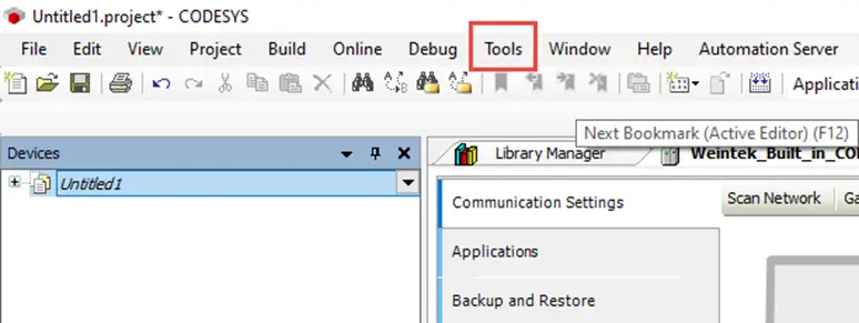 Tools menu...package manager Package Manager option from the Tools menu in CODESYS software. This is where we will go to install the Weintek package file.